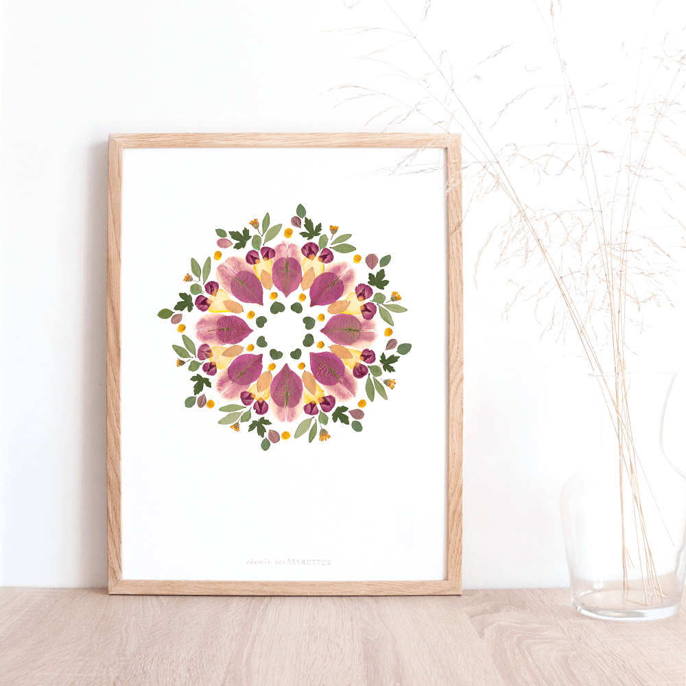 Herbier encadre en forme de mandala, rose et vert